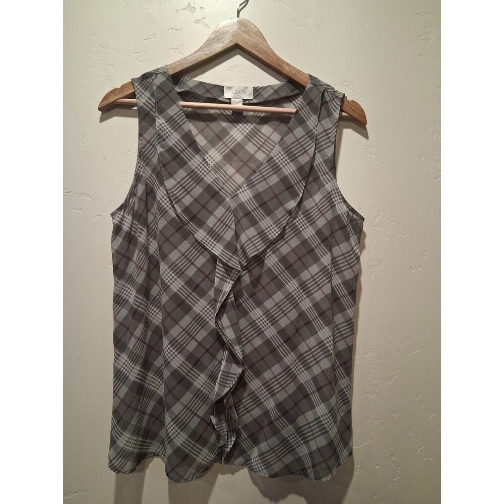 Ann Taylor LOFT Women’s M Gray Maroon Ruffle Tank Top Sleeveless Sheer Career